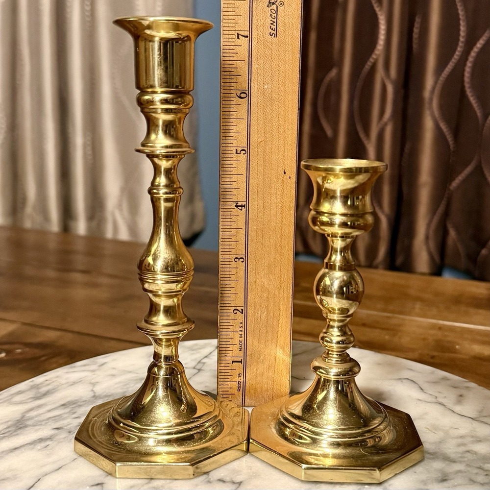 2pc VTG Heavy Baldwin Brass Spindle Candlesticks Candle Holder 5" & 7" USA - Picture 2 of 4